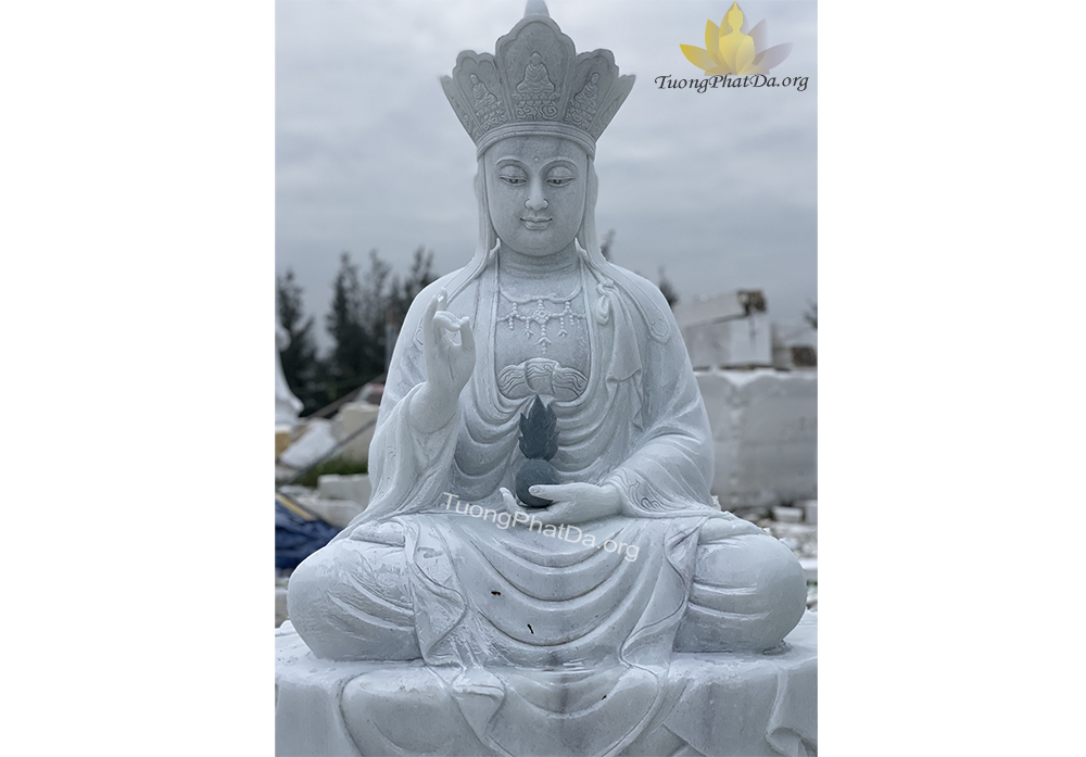 Tượng Địa Tạng Vương Bồ Tát ngồi đài sen bằng đá cẩm thạch trắng xanh