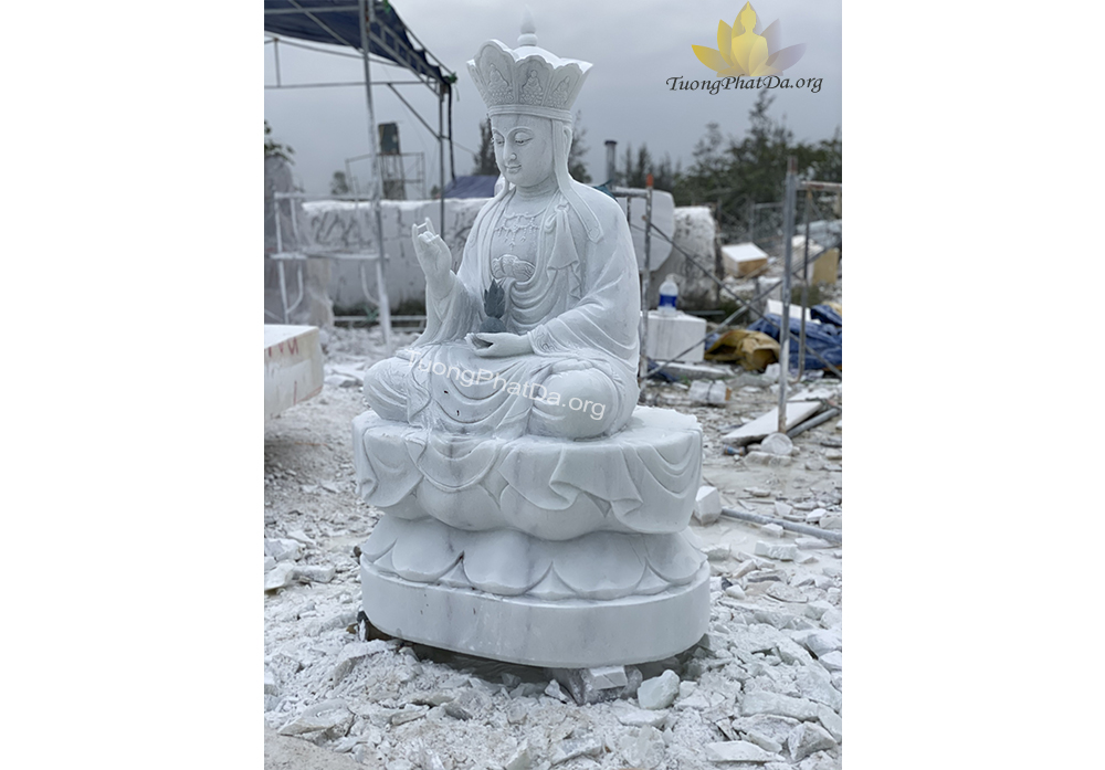Tượng Địa Tạng Vương Bồ Tát ngồi đài sen bằng đá cẩm thạch trắng xanh