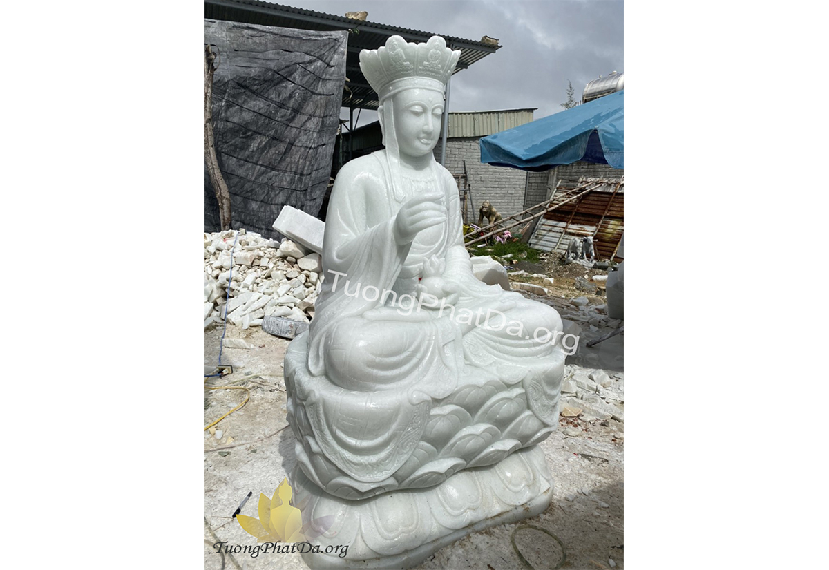 Tượng Địa Tạng Vương Bồ Tát ngồi đài sen bằng đá cẩm thạch trắng trong xanh
