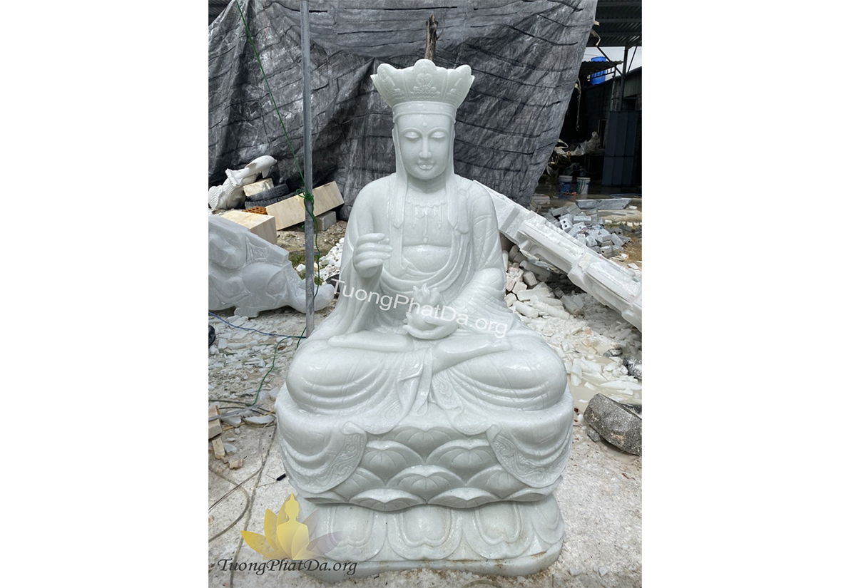 Tượng Địa Tạng Vương Bồ Tát ngồi đài sen bằng đá cẩm thạch trắng trong xanh